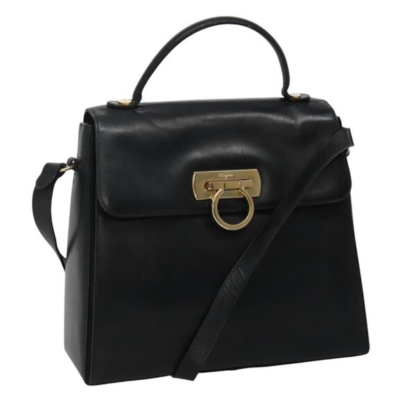 Salvatore Ferragamo Gancini Hand Bag Leather 2way Black Gold